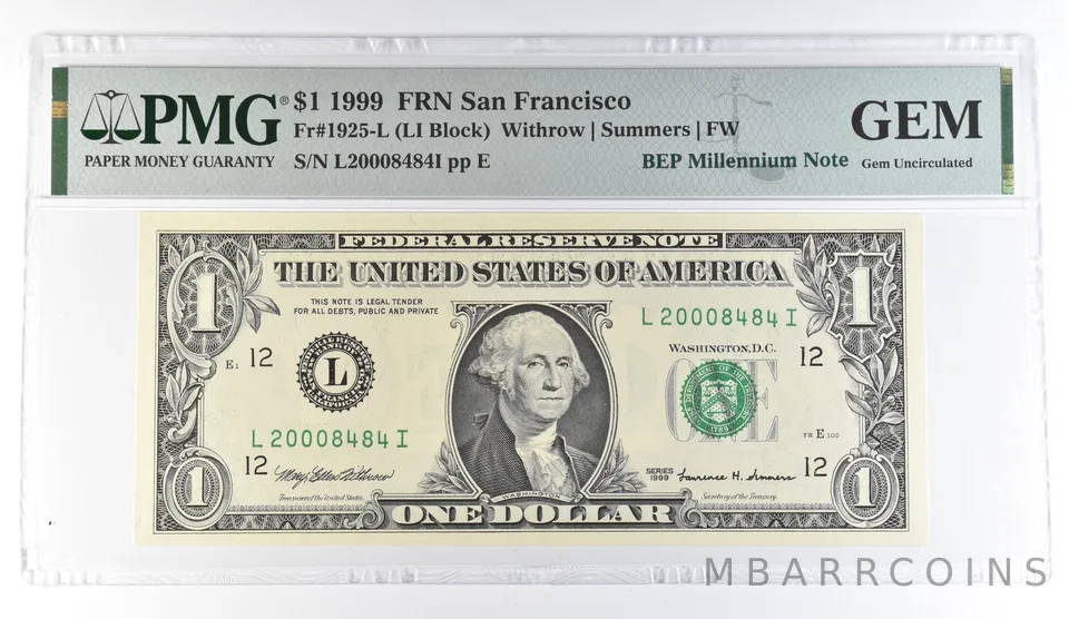 1999 $1 San Francisco FRN Fr#1925-L BEP Millennium Note PMG Fancy Serial *8106