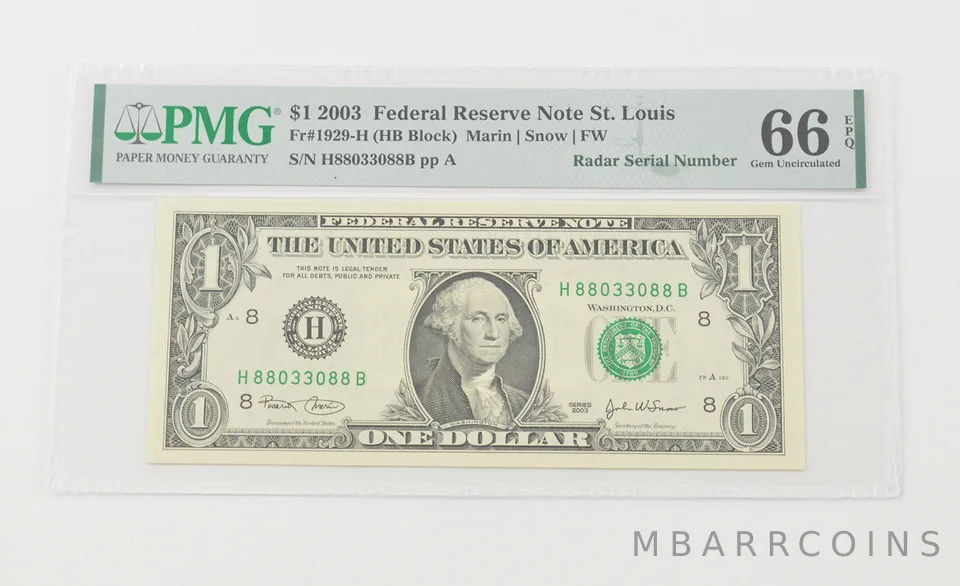 Gem UNC 66 EPQ 2003 $1 FRN St. Louis - FR#1929-H PMG Radar Serial *6595