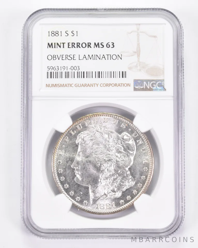 Mint Error MS63 1881-S Morgan Silver Dollar - OBV Lamination - Graded NGC a8842