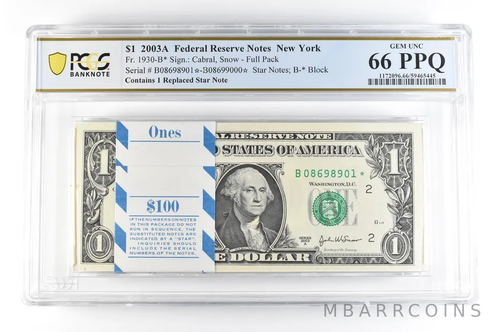 (100) 2003 A $1 New York NY FRN Fr#1930-B* Pack Star Notes Unc 66 PPQ PCGS *0200