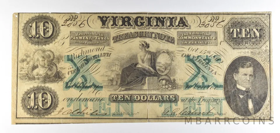 1862 $10 Richmond VA Treasury Note Obsolete Note *8751
