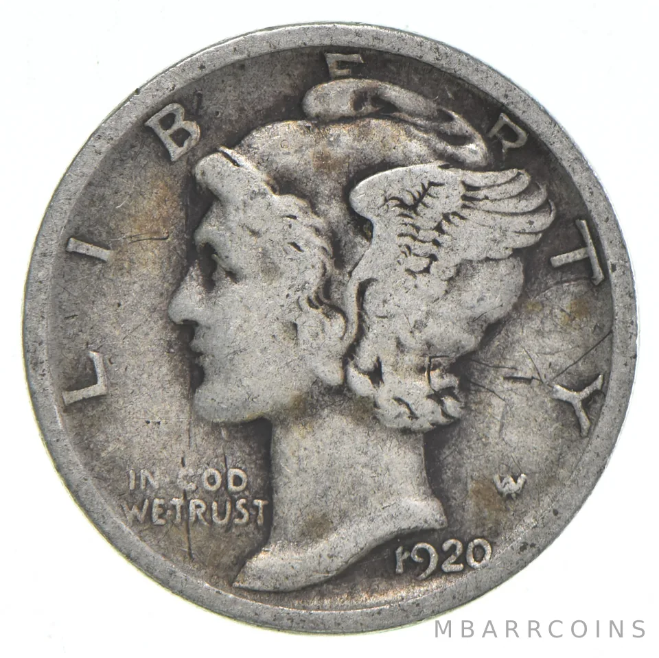 VG+ 1920-D Mercury 90% Silver Dime