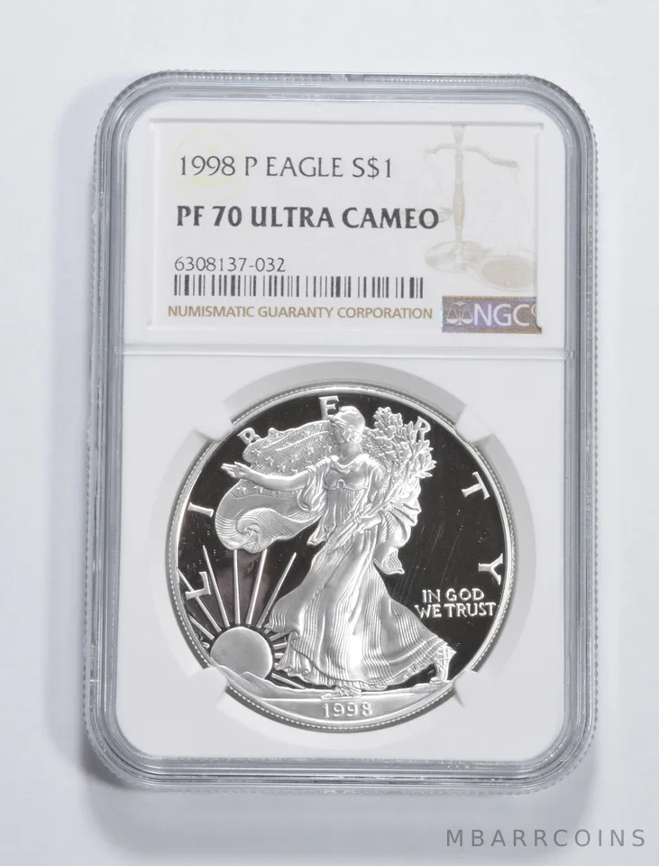 1998-P American Silver Eagle 1 Oz PF70 UCAM NGC Brown Label