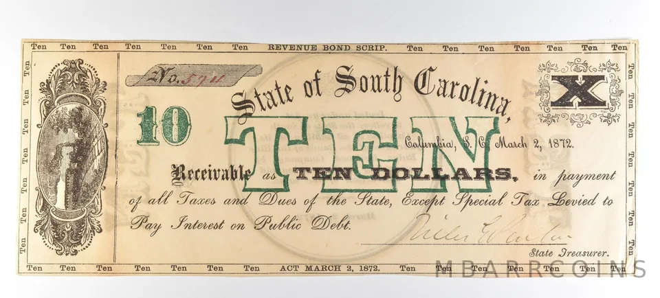 1872 $10 South Carolina Revenue Bond Scrip Obsolete Note *8770