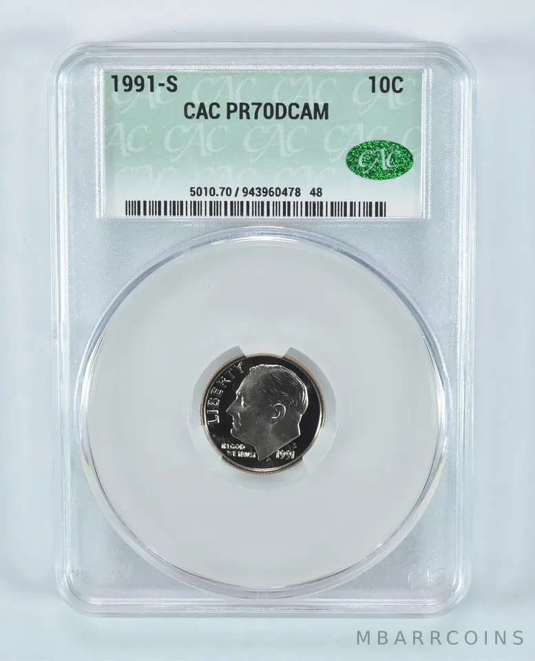 1991-S Roosevelt Dime PR70 DCAM CAC CACg