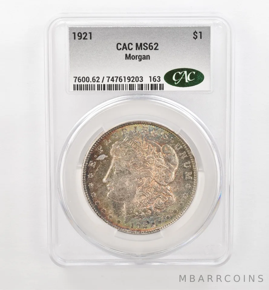 1921 Morgan Silver Dollar MS62 CAC CACg Beautiful Tone *0480
