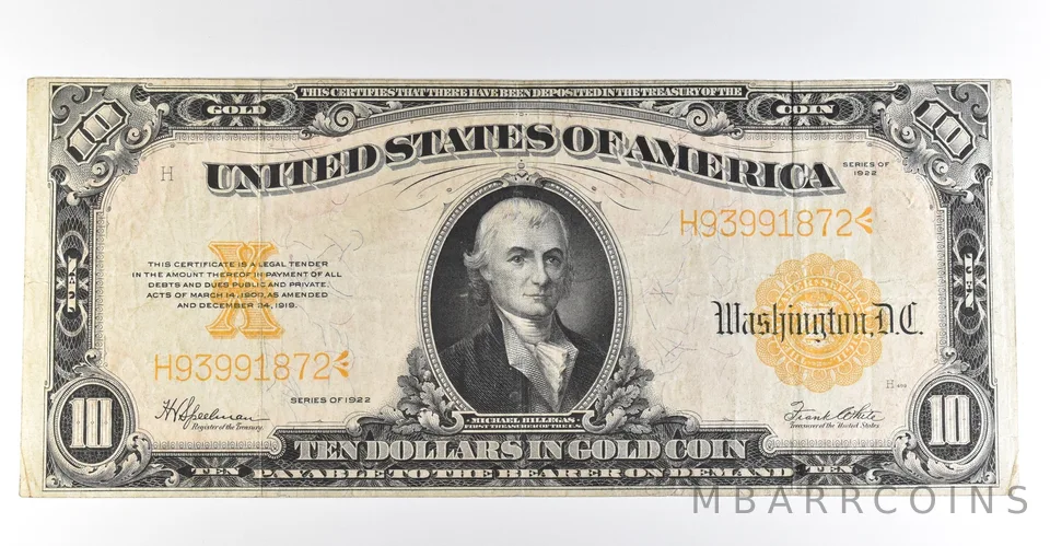 1922 $10 Gold Certificate Large Note Yellow Seal *8397