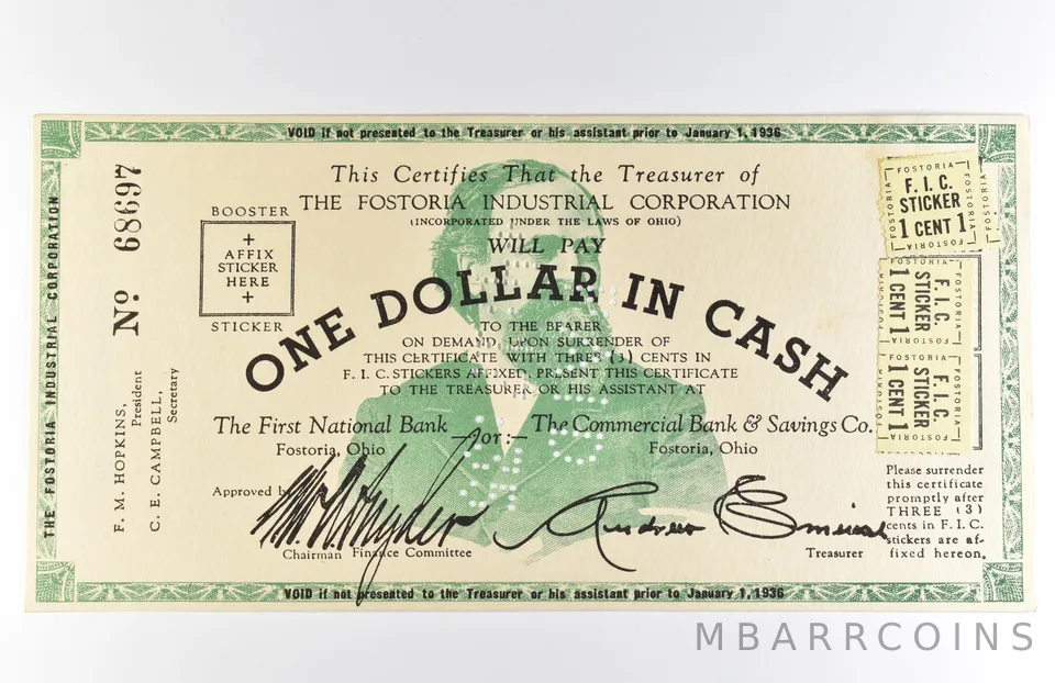 1936 $1 Fostoria OH Industrial Corporation Obsolete Note *8582