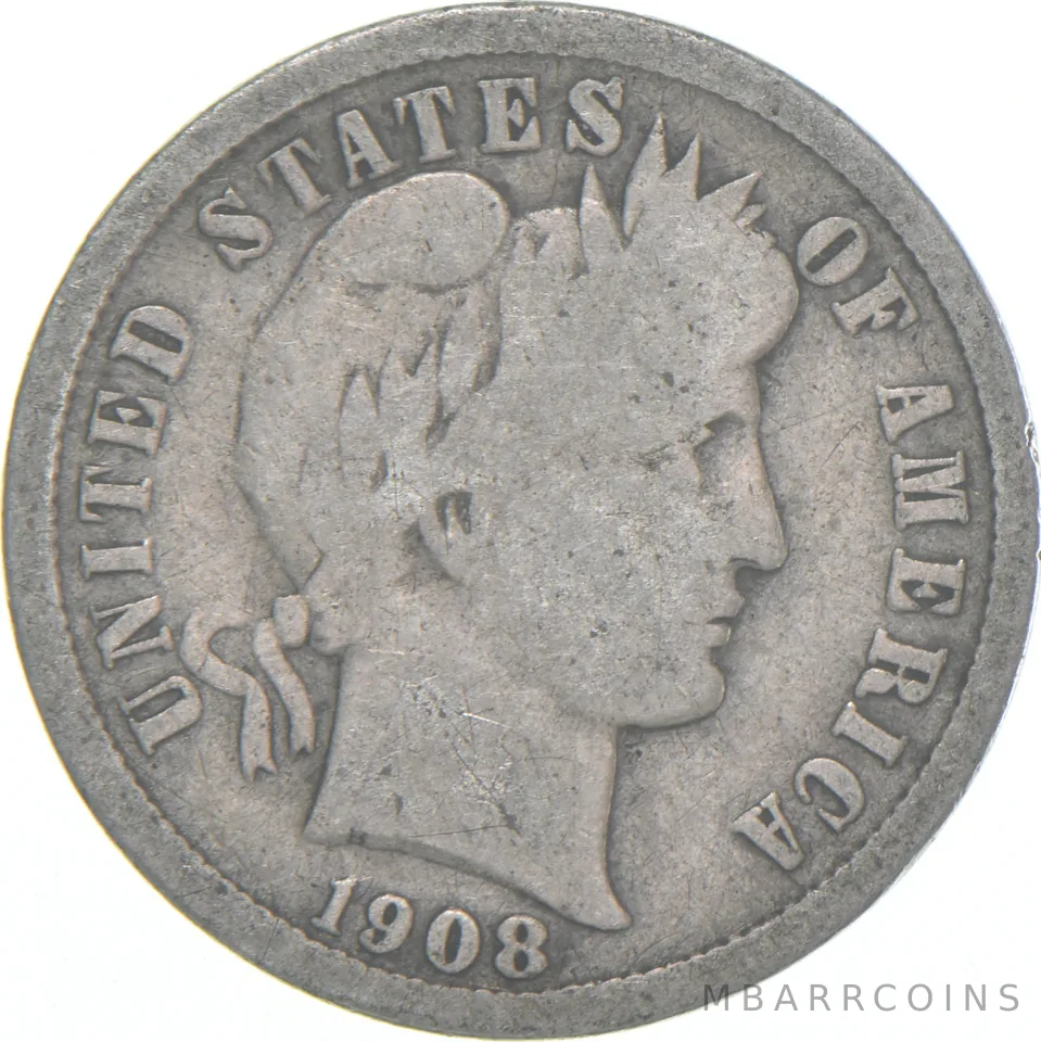 1908-P Barber Dime 90% Silver Average Circ