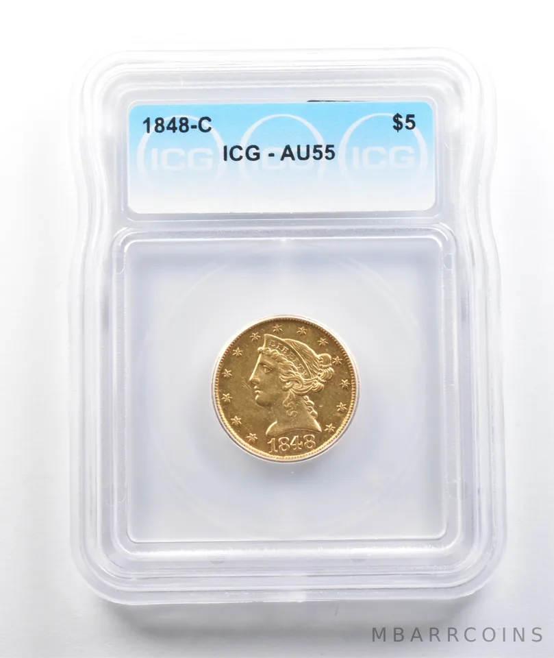 1848-C $5 Liberty Head Gold Half Eagle AU55 ICG *5588
