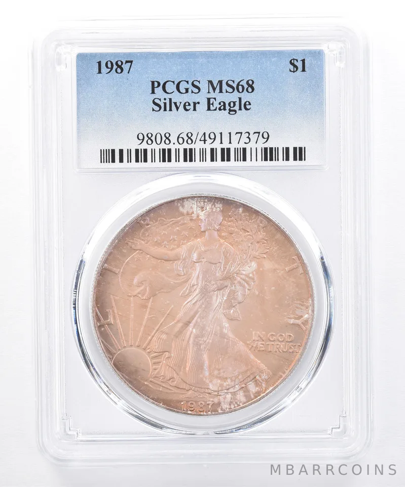 1987 American Silver Eagle MS68 PCGS Purple/Orange Tone *8397