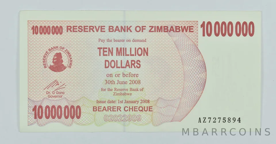2008 Zimbabwe 10 Million Dollars Bearer Cheque