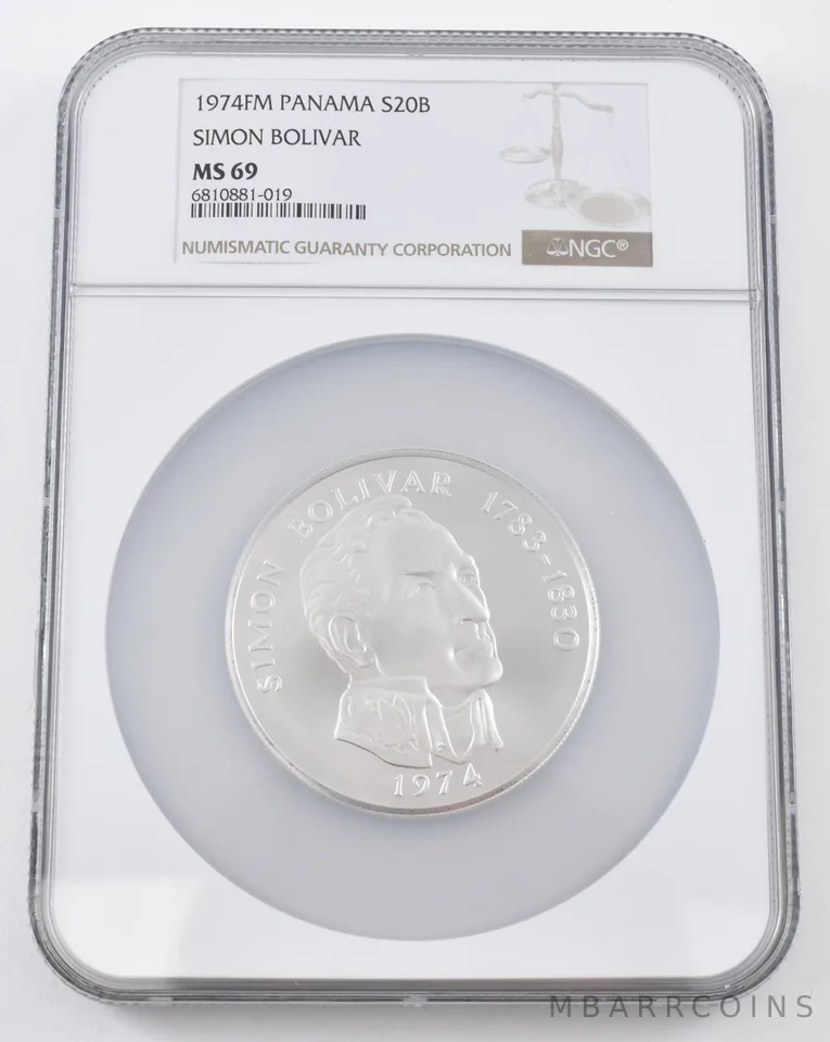 1974 FM Panama 20 Balboas Simon Bolivar Silver MS69 NGC Brown Lbl