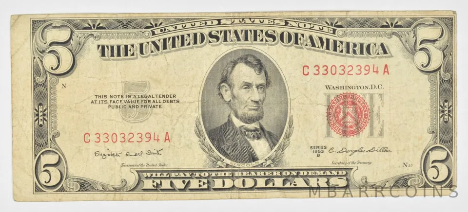 1953-B $5 United States Legal Tender Note - Red Seal - Off Center a1498