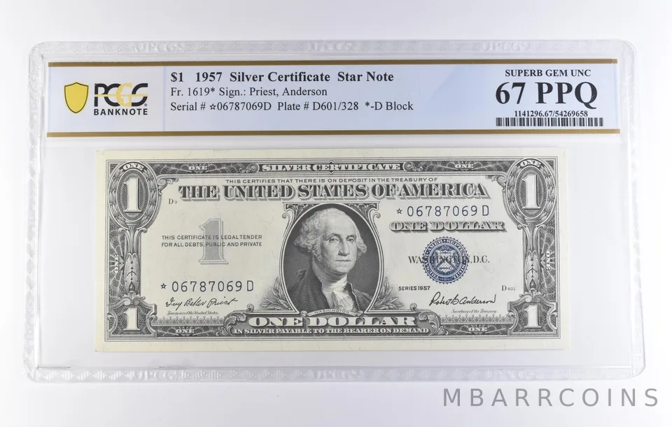 1957 $1 Silver Certificate Star Note Fr#1619* Superb Gem Unc 67 PPQ PCGS *8320