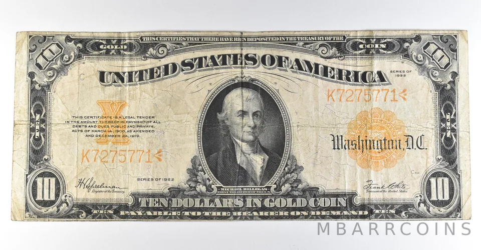 1922 $10 Gold Certificate Large Note Yellow Seal *8335
