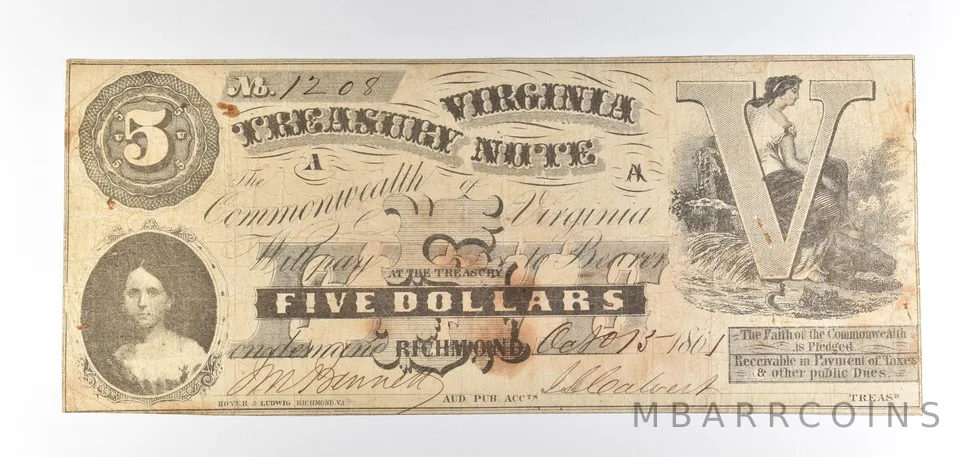 1861 $5 Richmond VA Treasury Note Obsolete Note *8769