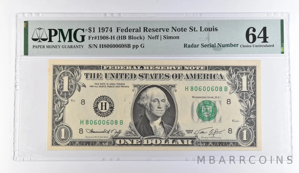 1974 $1 St Louis MO FRN Radar S/N Fr#1908-H Choice Unc 64 PMG *9497