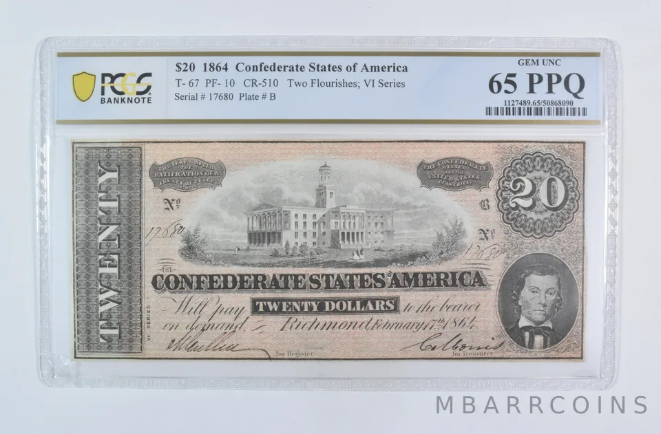 1864 $20 Confederate States T-67 PF-10 CR-510 Gem Unc 65 PPQ PCGS a5870