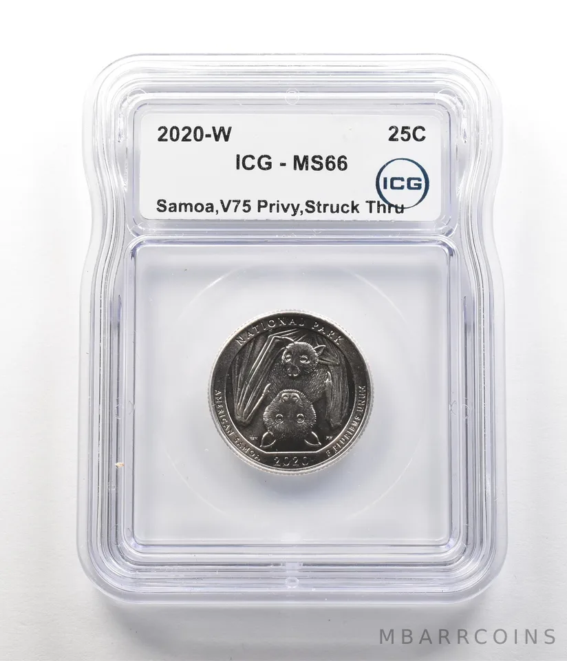 2020-W ATB Quarter American Samoa V75 Mint Error Struck Thru MS66 ICG a6835