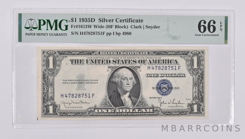 1935-D $1 Silver Certificate 66 EPQ PMG Fr. 1613W Wide Gem Unc