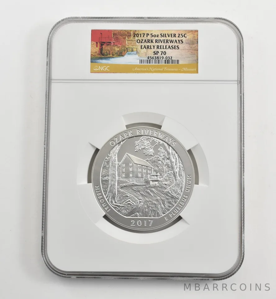 2017-P 5 Oz Silver Quarter ATB Ozark Riverways ER SP70 NGC *1668