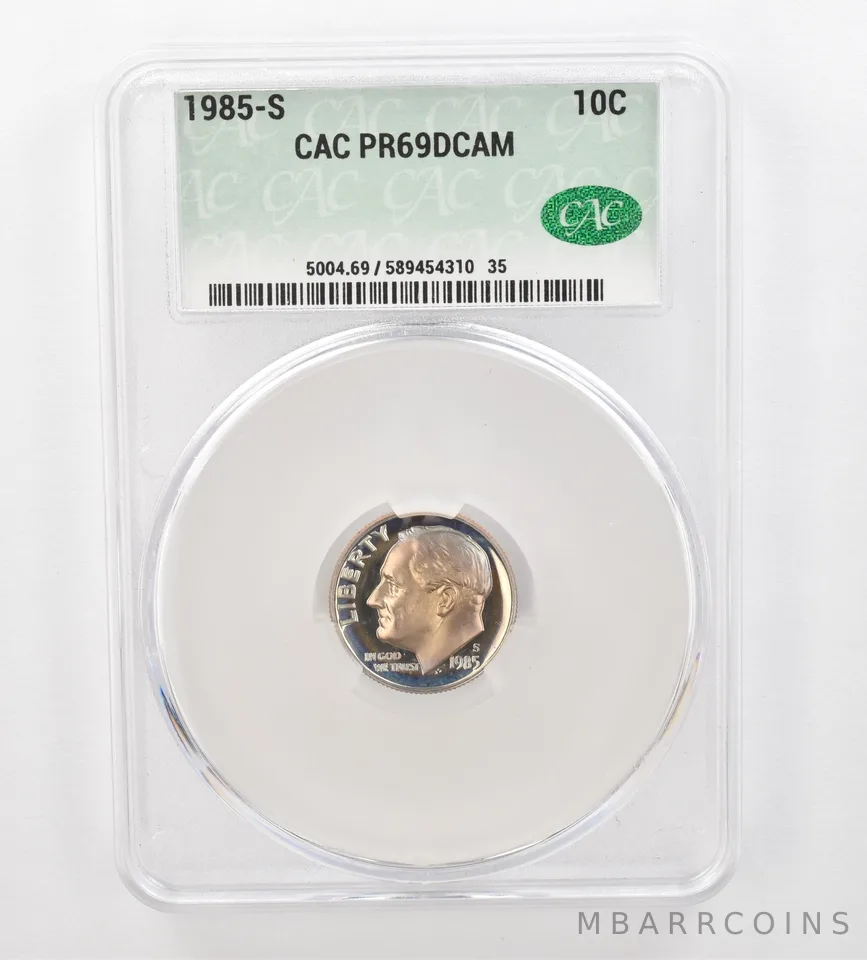 1985-S Roosevelt Dime PR69 DCAM CAC CACg Beautiful Tone *0901