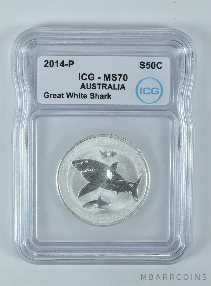2014 P Australia 50 Cents Silver Great White Shark 1/2 Oz Silver MS70 ICG