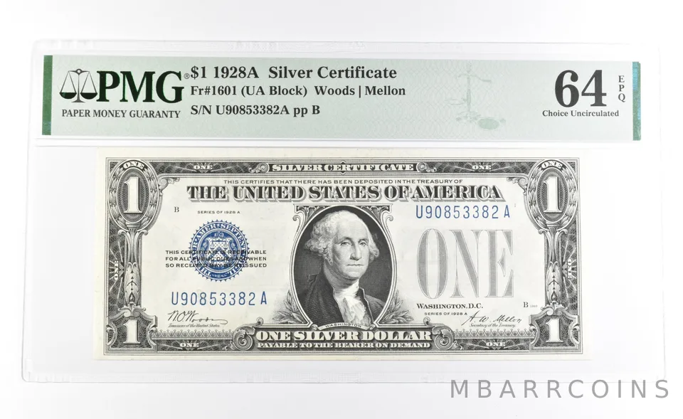 PMG 64 Choice Unc EPQ 1928 A $1 Silver Certificate Blue Seal Fr#1601 *1123