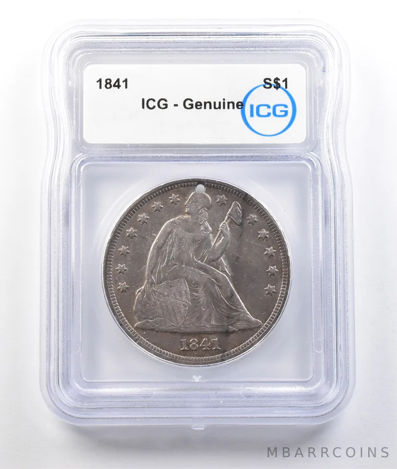 1841 Seated Liberty Silver Dollar Genuine ICG Holed *0388