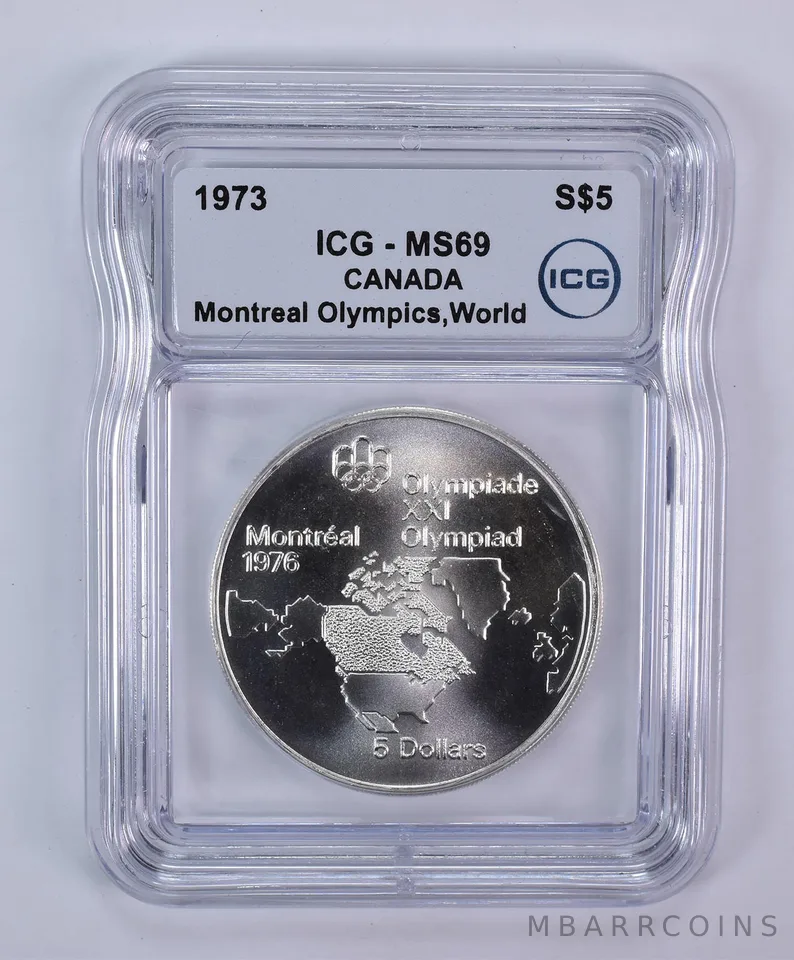 1973 Canada 5 Dollars Silver Montreal Olympics World Map MS69 ICG