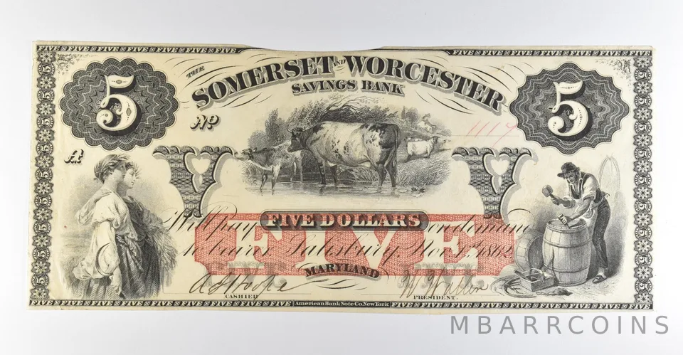 1862 $5 Salisbury MD Somerset & Worcester Savings Bank Obsolete Note *8492