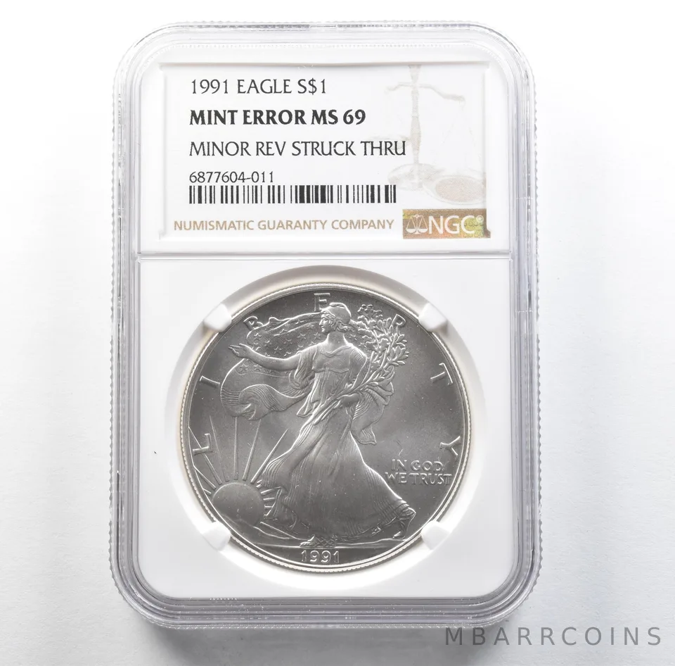 1991 American Silver Eagle Minor Reverse Struck Thru MS69 NGC *3149