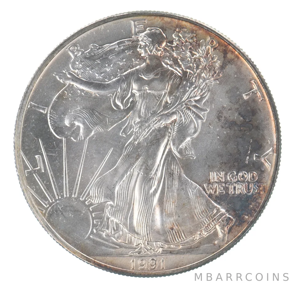 Beautiful Toned - 1991 American Silver Eagle 1 Troy Oz .999 Fine Silver *076