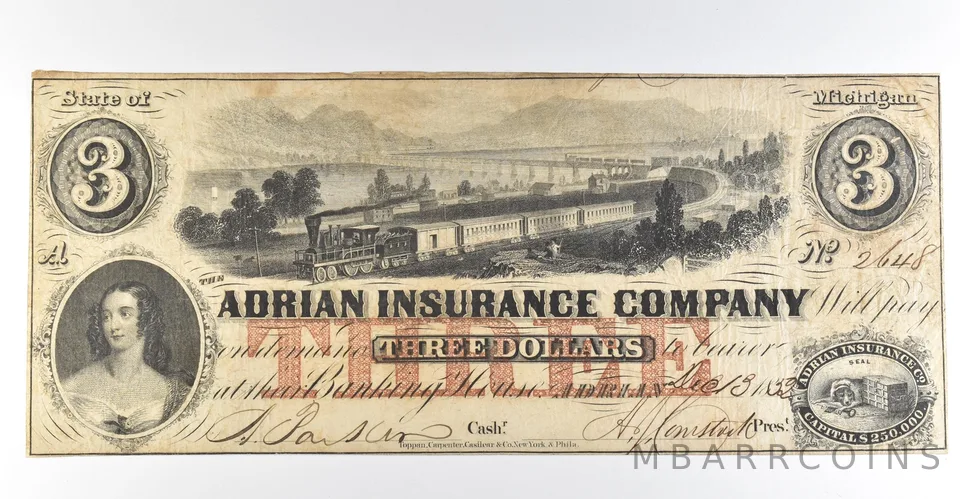 1852 $3 Michigan Adrian Insurance Company Obsolete Note *8449