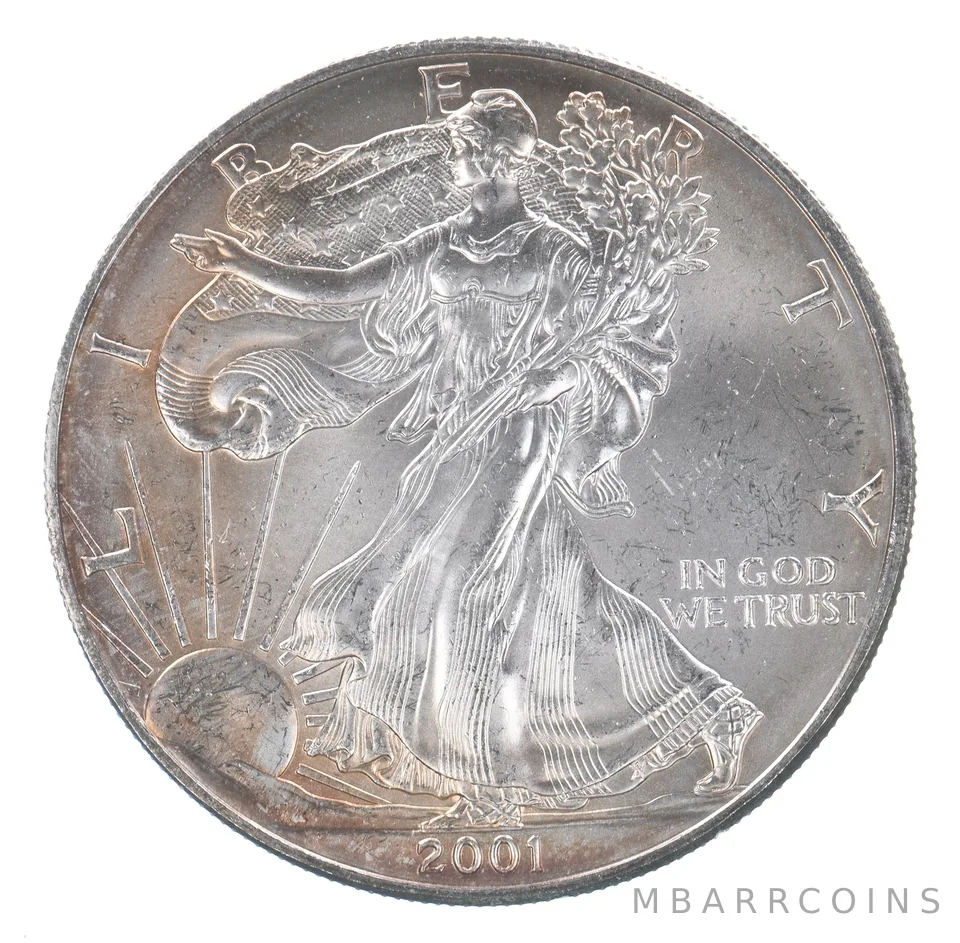 Beautiful Toned - 2001 American Silver Eagle 1 Troy Oz .999 Fine Silver *102
