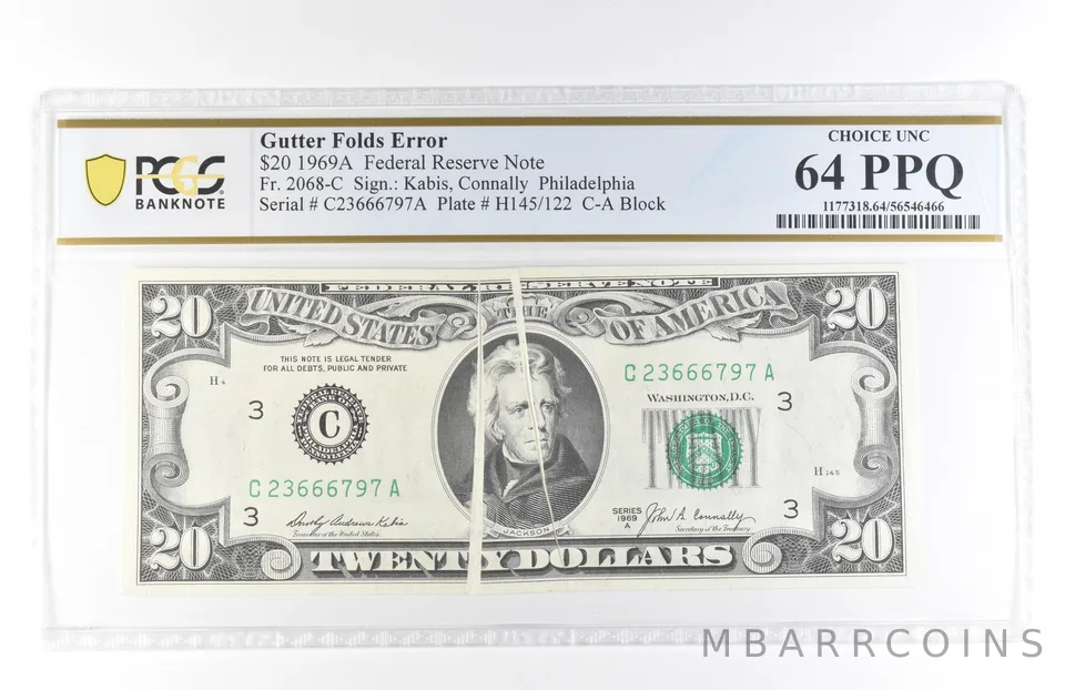 1969 A $20 64 Philadelphia PA FRN Gutter Folds Error Fr#2068-C PPQ PCGS *5831