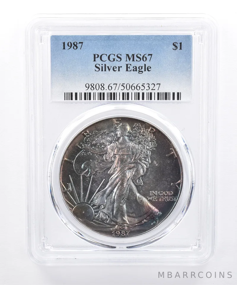 1987 American Silver Eagle MS67 PCGS Dark Iridescent Tone *8471
