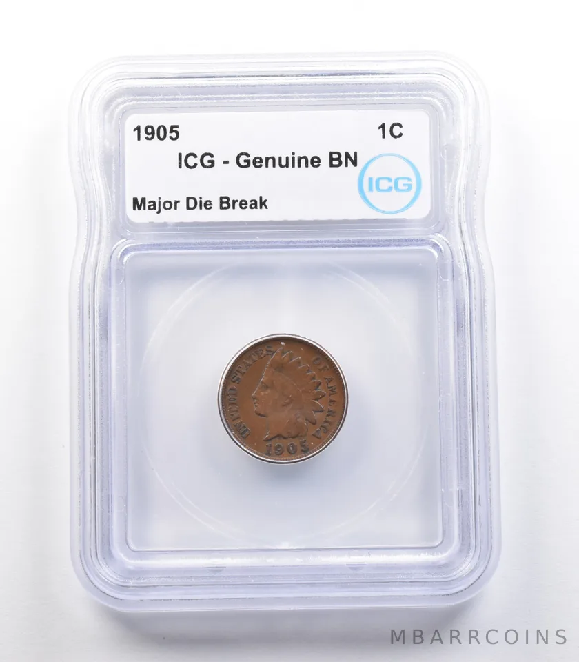 1905 Indian Head Cent Mint Error Major Die Break Genuine BN ICG *2268