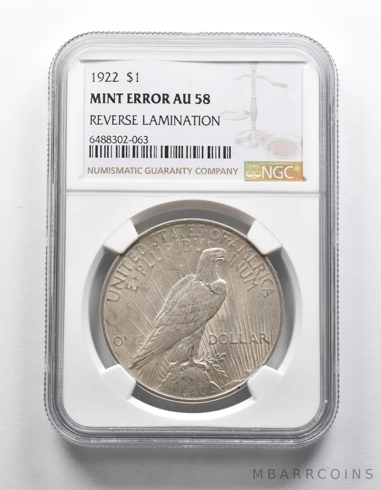 MINT ERROR AU58 1922 Peace Silver Dollar REV Lamination NGC *1933