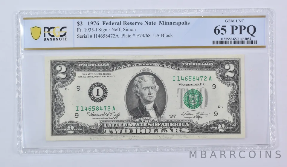 1976 $2 Minneapolis MN FRN Fr#1935-I Gem Unc 65 PPQ PCGS