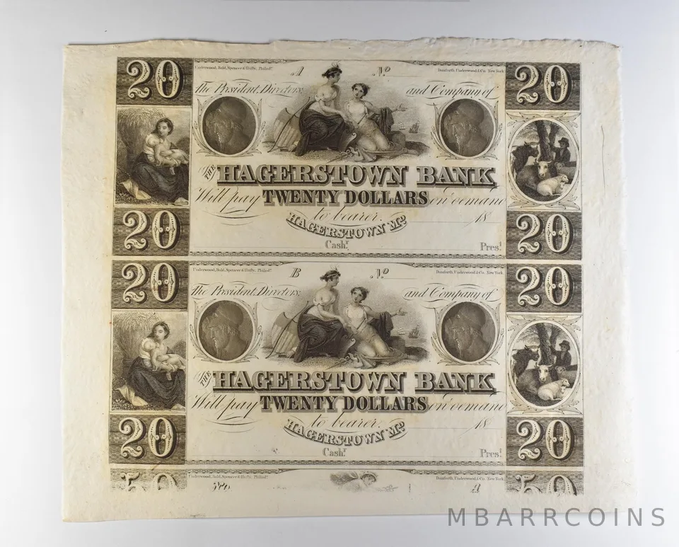 Lot (2) 1800s $20 Hagerstown MD Bank Obsolete Note Uncut *8704