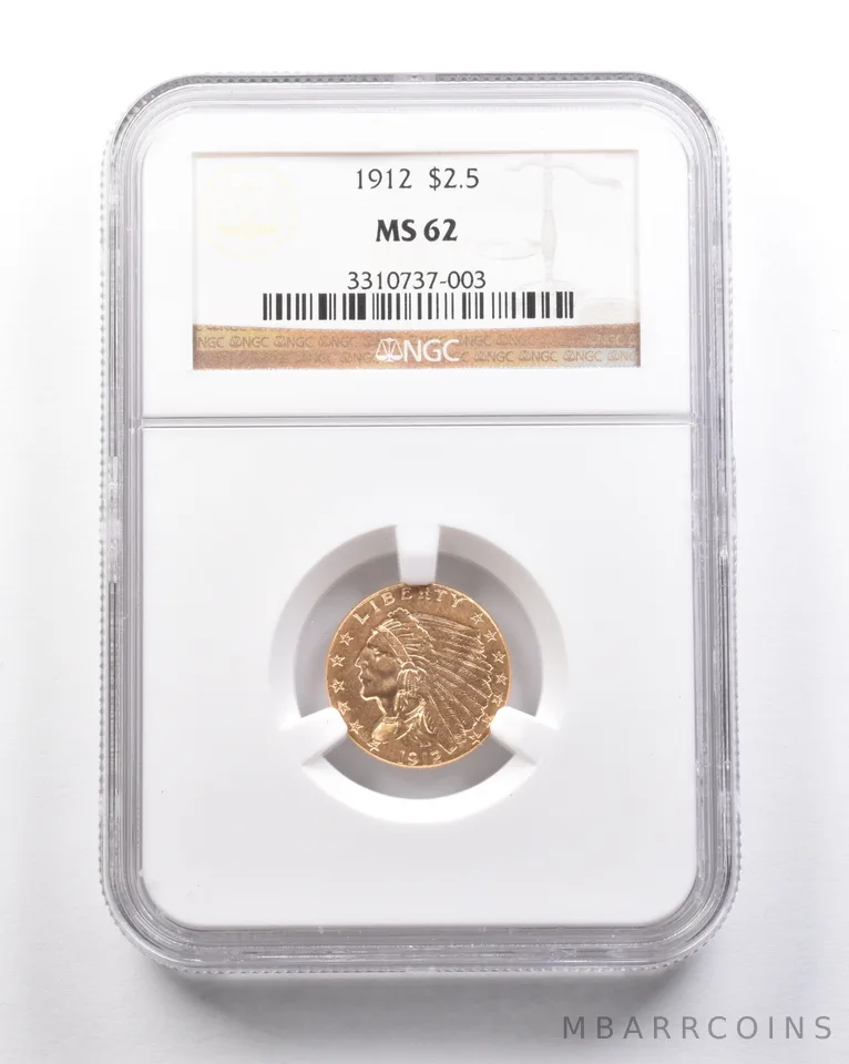 1912 $2.50 Indian Head Gold Quarter Eagle MS62 NGC *5282