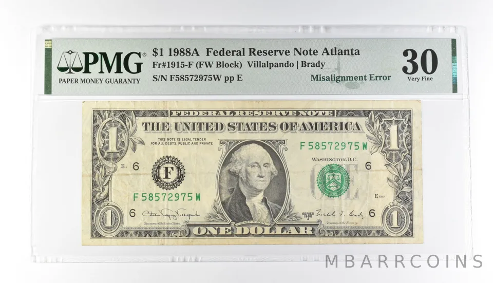 PMG 30 VF $1 1988A FRN Atlanta Fr#1915-F Misalignment Error *3185