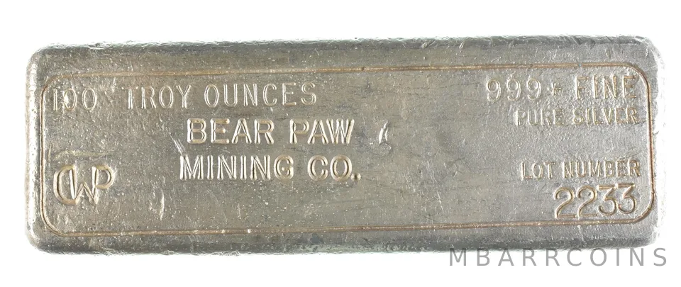 100 Oz Silver Bar Bear Paw Mining Co *0634