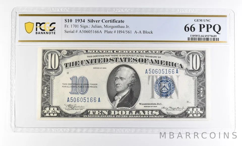 1934 $10 Silver Certificate Fr#1701 Gem Unc 66 PPQ PCGS *2751