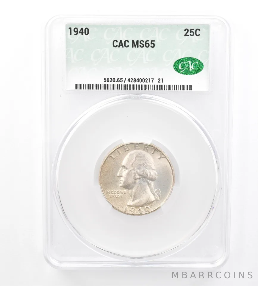 1940 Washington Quarter MS65 CAC CACg Beautiful Tone *1739