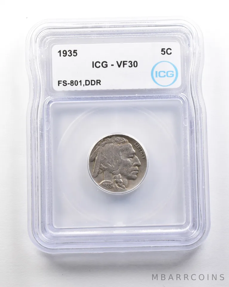1935 Indian Head Buffalo Nickel Mint Error FS-801 DDR VF30 ICG a1714