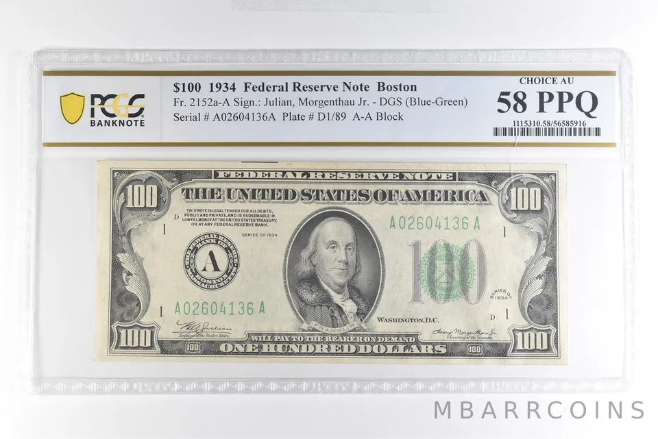 1934 $100 Boston MA FRN Fr#2152a Blue-Green Seal Choice AU 58 PPQ PCGS *4939