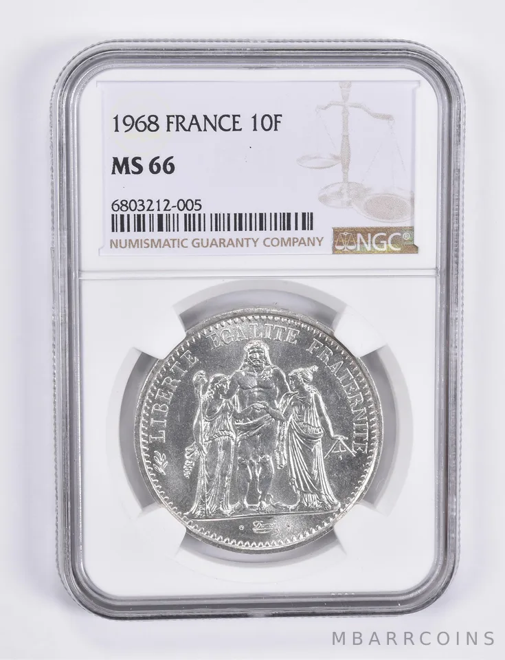 1968 France 10 Francs 90% Silver MS66 NGC Brown Label